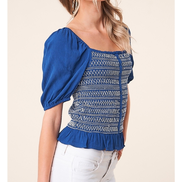 Blue Smocked Square Neck Top - Picture 2 of 5